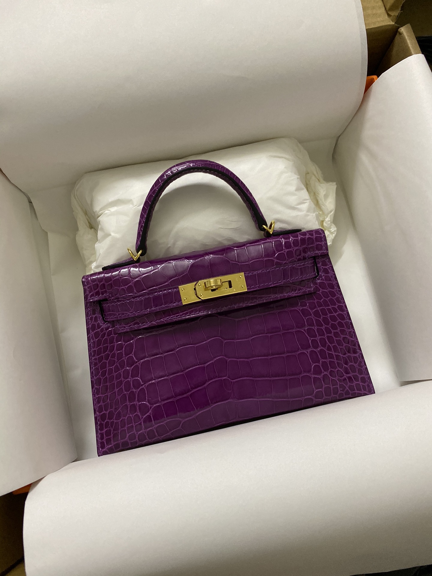 Hermes Kelly Mini II Bag 19CM In Anemone Shiny Alligator Leather